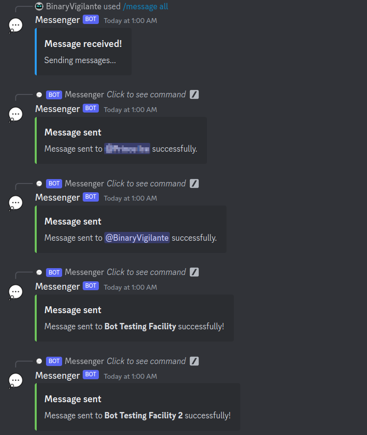 Example of Messenger Bot being used to send messages to 2 friends and 2 servers