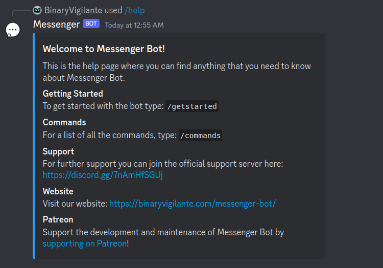 The help page in Messenger Bot